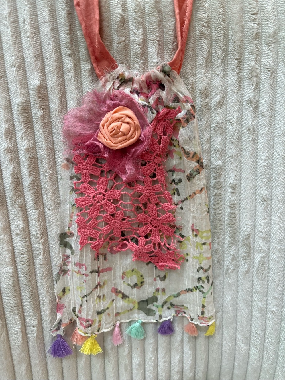 Boho Pink Floral Crochet Jabot Neck Adornment